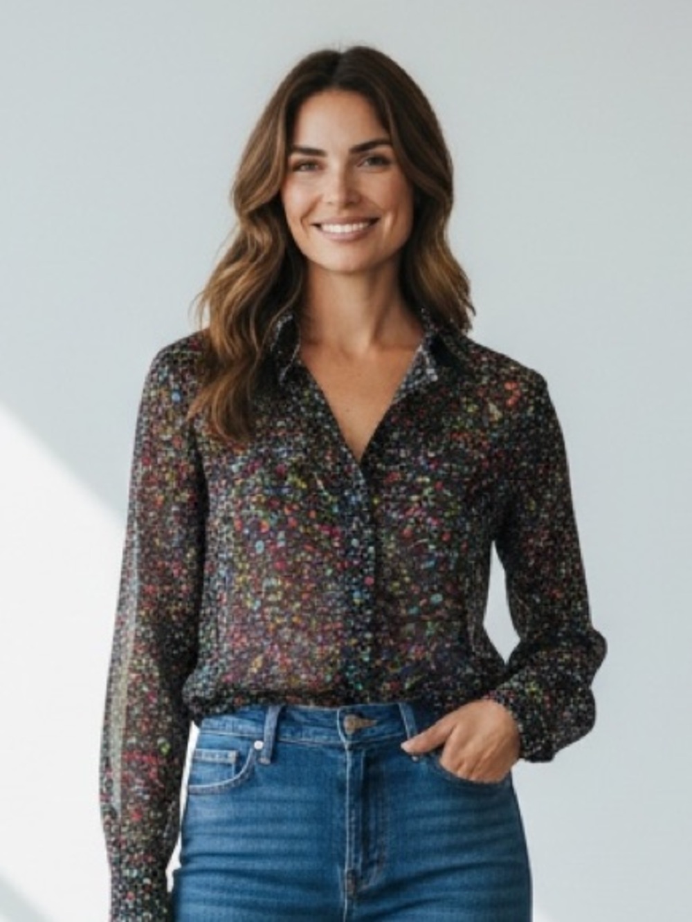 Diane von Furstenberg DVF Black Confetti Splatter Glitter Blouse Size 8